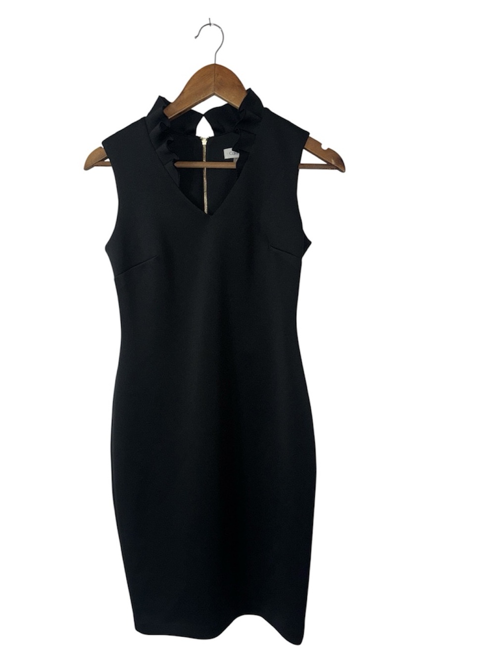 Calvin Klein Black Ruffle V-Neck Scuba Jersey Sheath Midi Dress Fancy LBD Size 2 - Picture 2 of 6
